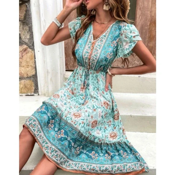 Boho floral print V neck ruffle hem dress - Picture 3 of 6